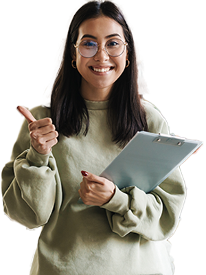 Young woman and admissions advisor at Aidan University encouraging prospective students to complete their admissions checklist while giving them a thumb's up.